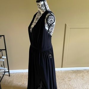 Long black, side slits sleeveless cocktail dress